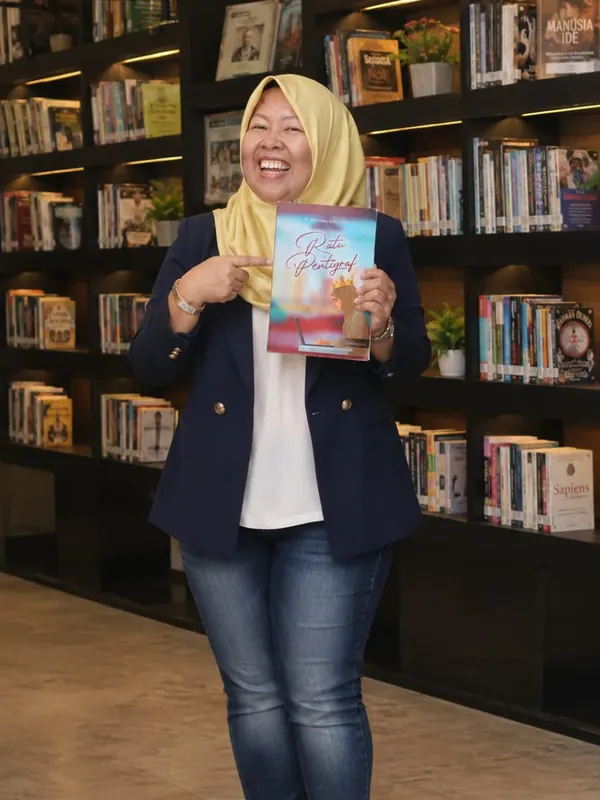 Dr. Sofiawati tersenyum sambil memegang buku di perpustakaan